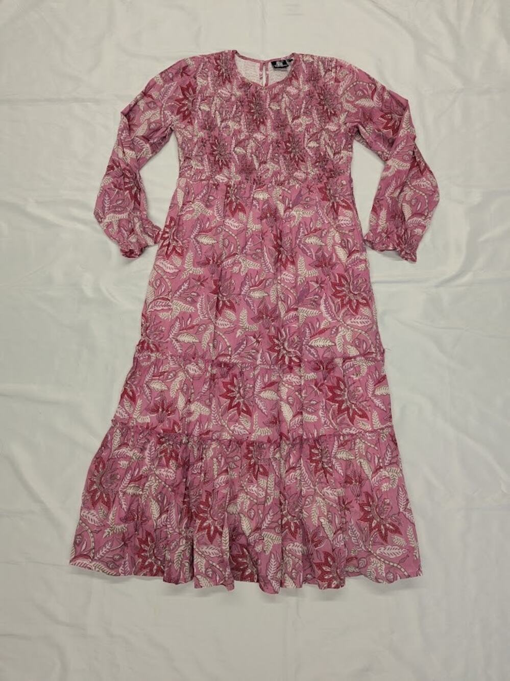 Madison Mathews Womens Pink Floral Long Sleeve Smocked Dress Sz Large
